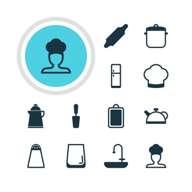 12 pişirme simgeler vektör Illustration. Biber konteyner, ibrik, ekmek rulo ve diğer öğeleri düzenlenebilir paketi.