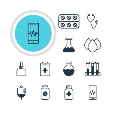 12 tıbbi simgeler vektör Illustration. Phone Monitor, hap, tıp kavanoz ve diğer öğeleri düzenlenebilir paketi.