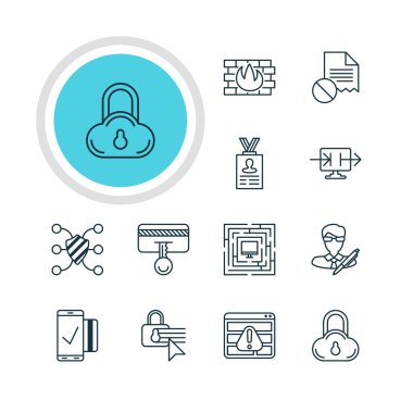 12 gizlilik simgeler vektör Illustration. Hesap verileri, düzenlenebilir paket göndermek bilgi, güvenli depolama ve diğer öğeleri.