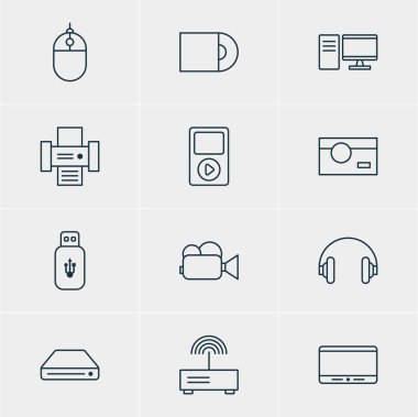 12 Gadget simgeler vektör Illustration. Modem, Pc, kulaklık ve diğer öğeleri düzenlenebilir paketi.