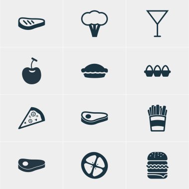 12 gıda simgeler vektör Illustration. Sığır filetosu, aşk elması, pamuk ve diğer öğeleri düzenlenebilir paketi.