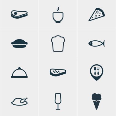 12 gıda simgeler vektör Illustration. Kase, tabağı, dondurma ve diğer öğeleri düzenlenebilir paketi.