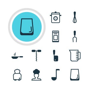 12 mutfak eşyaları simgeler vektör Illustration. Aşçı, fırın, vapur ve diğer öğeleri düzenlenebilir sürüsü.