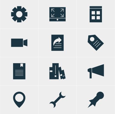 12 Online simgeler vektör Illustration. Raptiye, belge Transfer, harita işaretçi ve diğer öğeleri düzenlenebilir paketi.