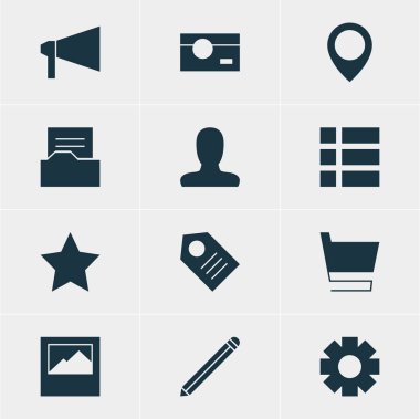 12 Internet simgeler vektör Illustration. Arabası, manzara Foto, rapor öğelerinin düzenlenebilir paketi.