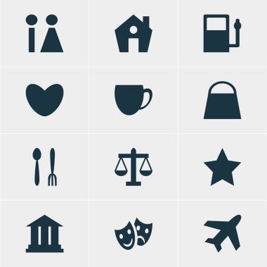 Check-In 12 simgeler vektör Illustration. Kalp, Kahve Dükkanı, ölçekler ve diğer öğeleri düzenlenebilir paketi.