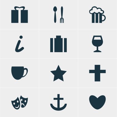 12 harita simgeler vektör Illustration. Bilgi, kahvehane ve diğer öğeleri harita kalp, düzenlenebilir paketi.