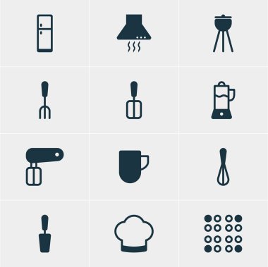 12 mutfak eşyaları simgeler vektör Illustration. Buzdolabı, aspiratör cihazı, Corolla ve diğer öğeleri düzenlenebilir sürüsü.