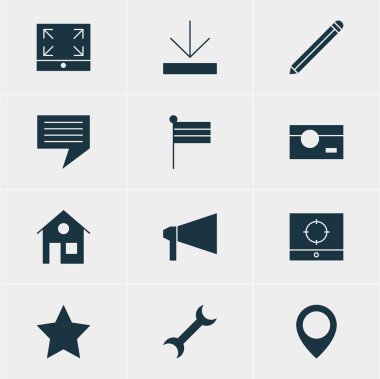12 Internet simgeler vektör Illustration. Harita işaretçisinin düzenlenebilir Pack en üst düzeye çıkarmak, kalem ve diğer öğeleri.