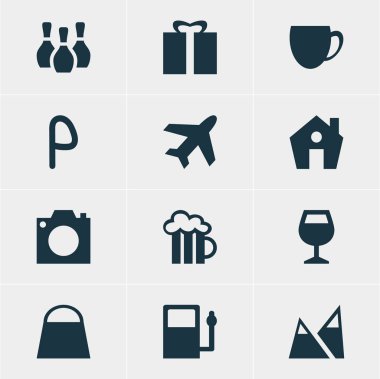 12 harita simgeler vektör Illustration. Bardağı, bira bardağı, fotoğraf aygıt ve diğer öğeleri düzenlenebilir paketi.