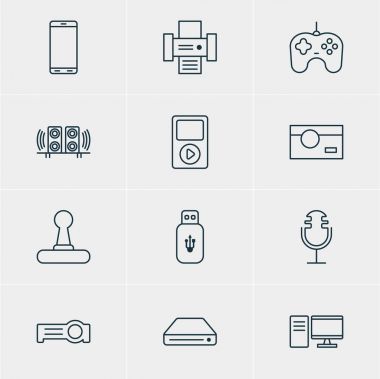 12 Gadget simgeler vektör Illustration. Düzenlenebilir paket Joypad, hoparlör, ışıldak ve diğer öğeleri.
