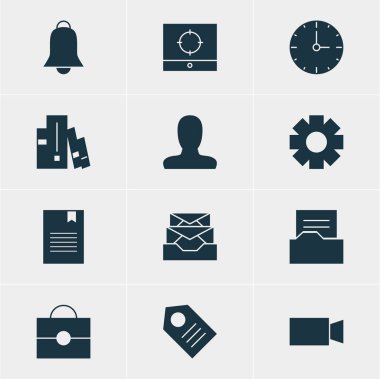 12 Internet simgeler vektör Illustration. Portföy, yer imi, Video kamera ve diğer öğeleri düzenlenebilir paketi.