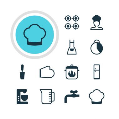 12 mutfak eşyaları simgeler vektör Illustration. Düzenlenebilir paket tenceresi, musluk, sürahi ve diğer öğeleri.