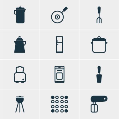 12 mutfak eşyaları simgeler vektör Illustration. Tencere, tava, fırın ve diğer öğeleri düzenlenebilir paketi.