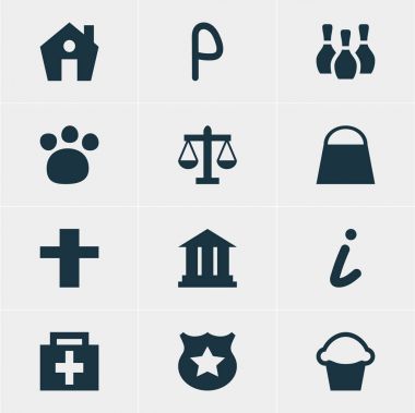 12 seyahat simgeler vektör Illustration. Otopark, ölçekler, Skittles ve diğer öğeleri düzenlenebilir sürüsü.