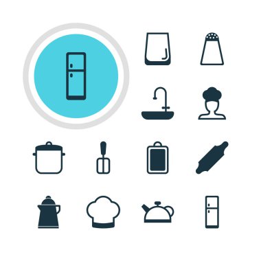 12 pişirme simgeler vektör Illustration. Aşçı, biber konteyner, cam bardak ve diğer öğeleri düzenlenebilir sürüsü.