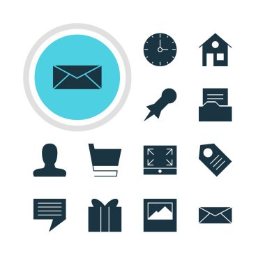 12 Online simgeler vektör Illustration. Manzara fotoğraf, raptiye, kupon öğelerin düzenlenebilir paketi.