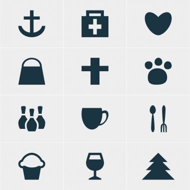 12 yerde simgeler vektör Illustration. Kalp, Kahve Dükkanı, bardağı ve diğer öğeleri düzenlenebilir paketi.