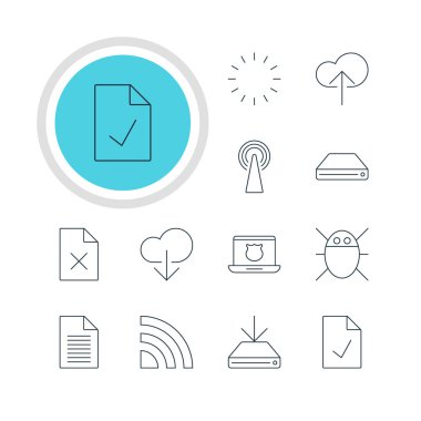 12 ağ simgeler vektör Illustration. Checked Not, kablosuz ağ, sabit disk Disk ve diğer öğeleri düzenlenebilir paketi.