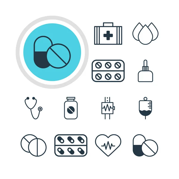Vektorové ilustrace 12 ikon na medicínu. Upravitelné Pack lék džbán, pramínek, impuls a dalších prvků. — Stockový vektor