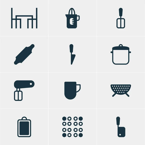 Ilustración vectorial de 12 iconos de utensilios de cocina. Paquete editable de mesa de picar, rodillo de panadería, mesa de cena y otros elementos . — Vector de stock