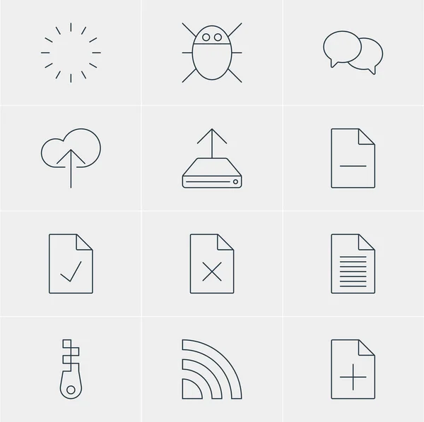 Ilustración vectorial de 12 iconos web. Paquete editable de adición de documentos, red inalámbrica, sujetador y otros elementos . — Archivo Imágenes Vectoriales