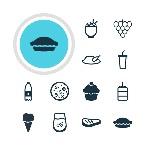 Ilustración vectorial de 12 iconos de la cocina. Paquete editable de jugo, pizzería, botella de la bebida y otros elementos . — Vector de stock