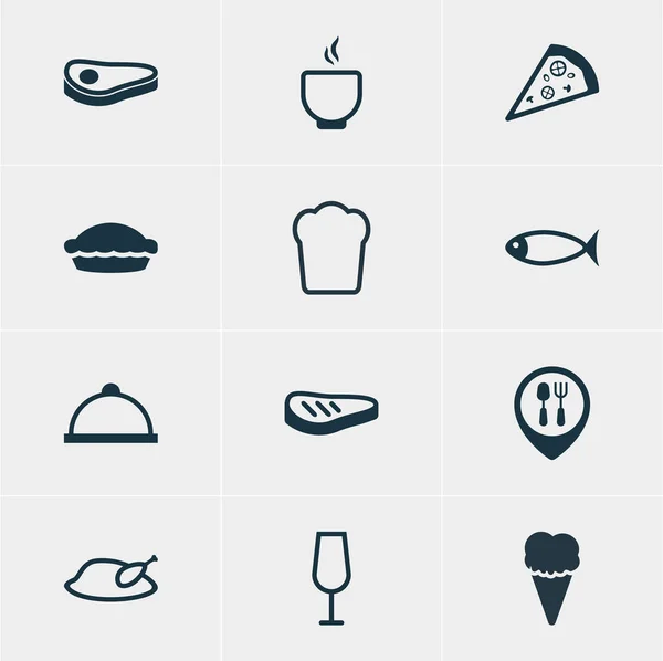 Illustrazione vettoriale di 12 icone alimentari. Pacchetto modificabile di ciotola, piatto, gelato e altri elementi . — Vettoriale Stock
