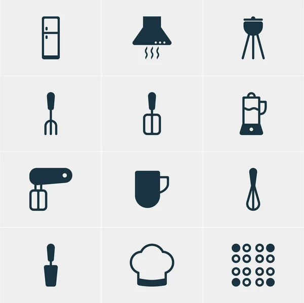 Vektorové ilustrace 12 ikon na nádobí. Upravitelné Pack lednice, odsávací zařízení, Corolla a dalších prvků. — Stockový vektor