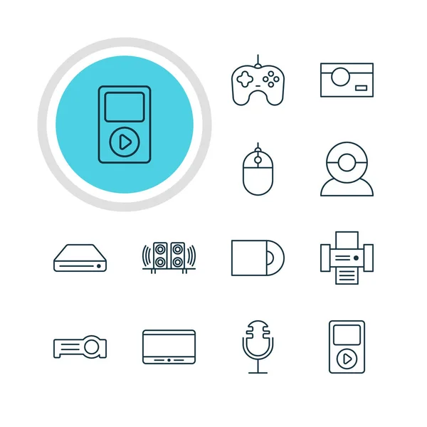 Ilustración vectorial de 12 iconos de la tecnología. Paquete editable de unidad de DVD, grabación de sonido, fotocopiadora y otros elementos . — Vector de stock