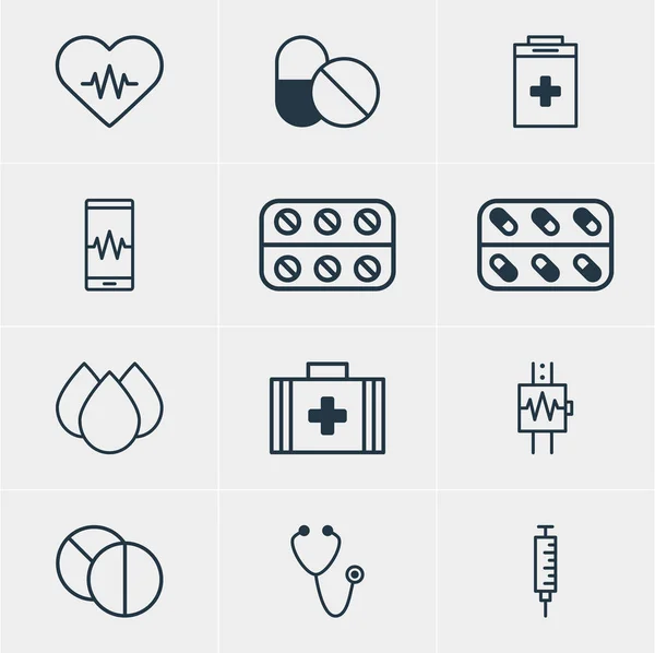 Ilustración vectorial de 12 iconos de la medicina. Paquete editable de goteo, pulso, medicina y otros elementos . — Archivo Imágenes Vectoriales