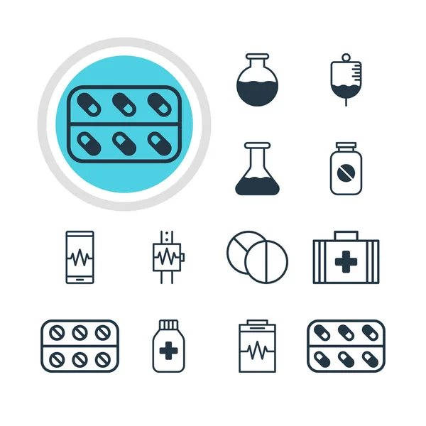 Ilustracja wektorowa 12 ikon zdrowia. Edytowalne Pack torba medyczna, kolby, fiolka i innych elementów. — Wektor stockowy
