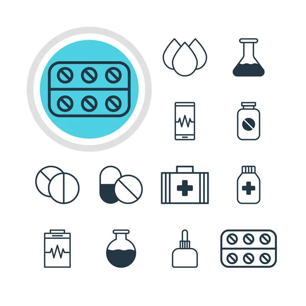 Ilustración vectorial de 12 iconos médicos. Paquete editable de goteo, tarro de medicina, aspirina y otros elementos . — Archivo Imágenes Vectoriales