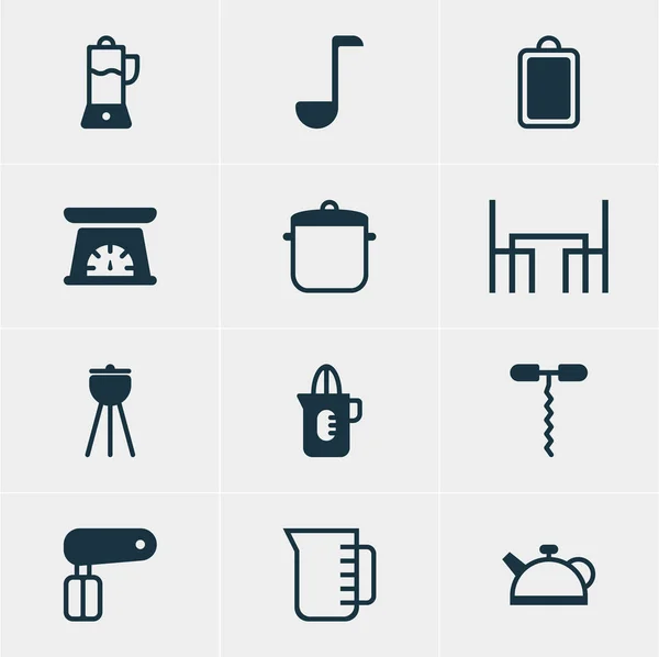 Ilustración vectorial de 12 iconos de utensilios de cocina. Paquete editable de herramienta de medición, cuchara de sopa, mesa de cena y otros elementos . — Archivo Imágenes Vectoriales