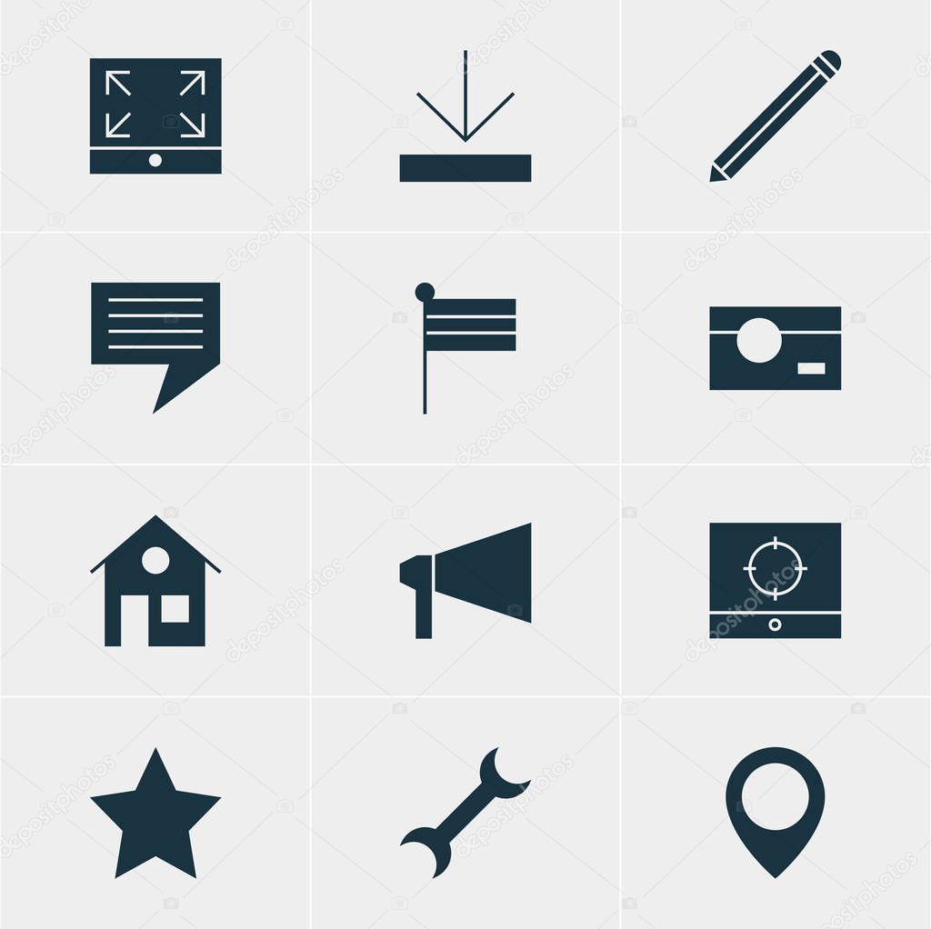 Vector Illustration Of 12 Internet Icons. Editable Pack Of Map Pointer, Maximize, Pen And Other Elements.