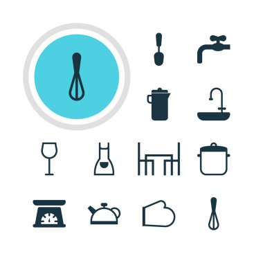 12 mutfak eşyaları simgeler vektör Illustration. Çorba kaşığı, Corolla, musluk ve diğer öğeleri düzenlenebilir paketi.