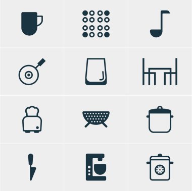 12 pişirme simgeler vektör Illustration. Çay bardağı, tava, tencere ve diğer öğeleri düzenlenebilir paketi.