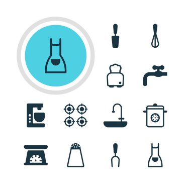 12 mutfak eşyaları simgeler vektör Illustration. Aracı, fırın ve diğer öğeleri ölçme ekmek, düzenlenebilir paketi.