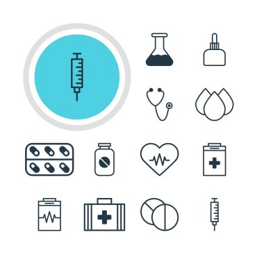 12 sağlık simgeler vektör Illustration. Vaccinator, gereklilik, şişesi ve diğer öğeleri düzenlenebilir paketi.