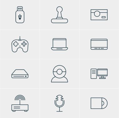 12 donanım simgeler vektör Illustration. Monitör, Fotoğrafçılık, Usb kart ve diğer öğeleri düzenlenebilir sürüsü.