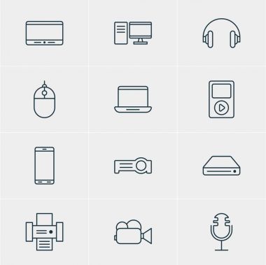 12 Gadget simgeler vektör Illustration. Ses kayıt, bilgisayar, bellek depolama ve diğer öğeleri düzenlenebilir paketi.