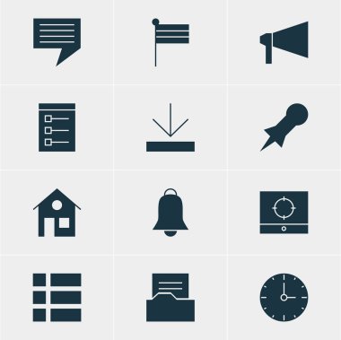 12 Online simgeler vektör Illustration. Bullhorn, raptiye, liste ve diğer öğeleri düzenlenebilir paketi.