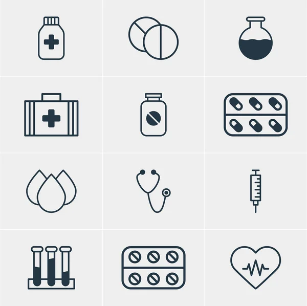 Vektorillustration af 12 medicinske ikoner. Redigerbar pakke med medicin krukke, puls, runde tabletter og andre elementer . – Stock-vektor