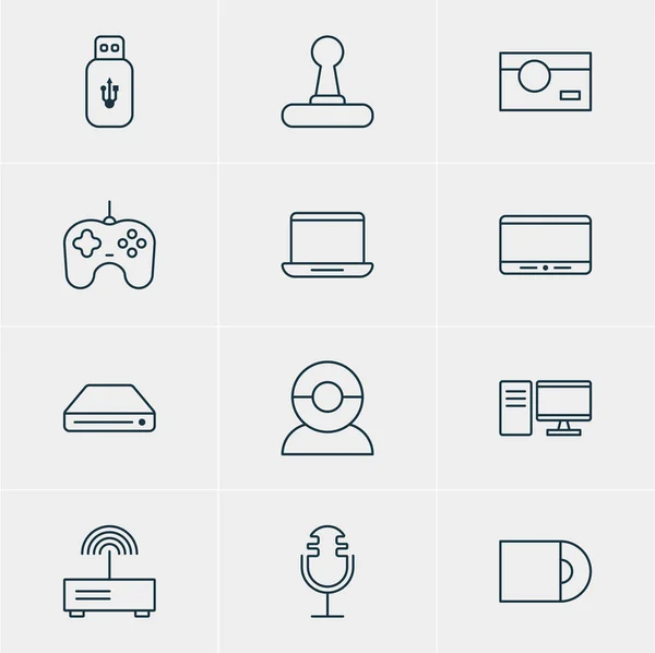 Vektorillustration av 12 hårdvara ikoner. Redigerbara Pack av Monitor, Fotografi, USB-kort och andra element. — Stock vektor