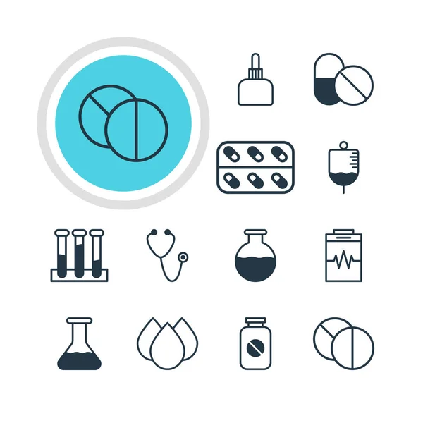 Ilustracja wektorowa 12 ikon medycznych. Można edytować pakiet medyczny dzban, fiolka, kolby i inne elementy. — Wektor stockowy