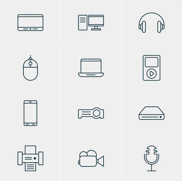 Illustration vectorielle de 12 icônes Gadget. Pack modifiable d'enregistrement sonore, d'ordinateur, de mémoire et d'autres éléments . — Image vectorielle