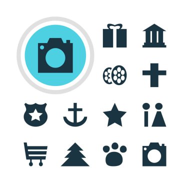 12 yerde simgeler vektör Illustration. Fotoğraf, Film, alışveriş sepeti ve diğer öğeleri düzenlenebilir paketi.