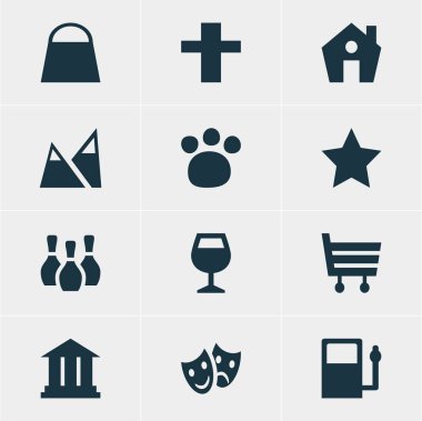 12 harita simgeler vektör Illustration. Düzenlenebilir maskeleri, peyzaj, Skittles öğeleri sürüsü.