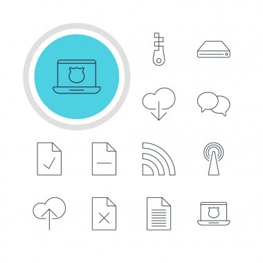 12 Internet simgeler vektör Illustration. Düzenlenebilir paketi veri yükleme, Not, dosya ve diğer öğeleri kaldırma kontrol.