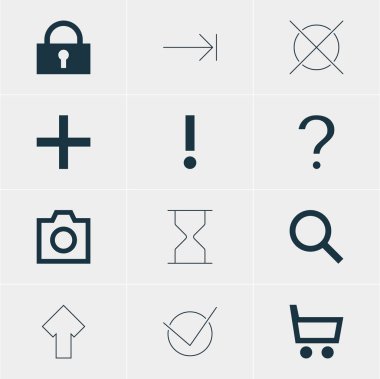 12 kullanıcı simgeler vektör Illustration. El arabası, düzenlenebilir paket aramak, kum saati ve diğer öğeleri.